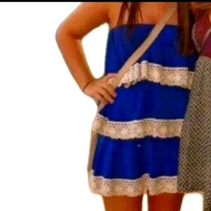 Judith March Womens 3 Tiered Dress Strapless Size Medium Blue White Crochet Lace